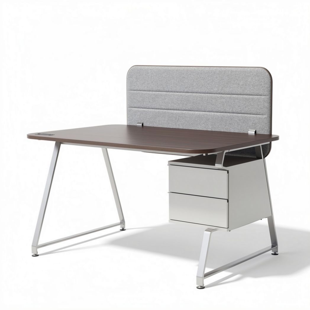 Bureau contemporain en bois marron avec rangement et dosseret en tissu gris 150 x 75 x 100cm