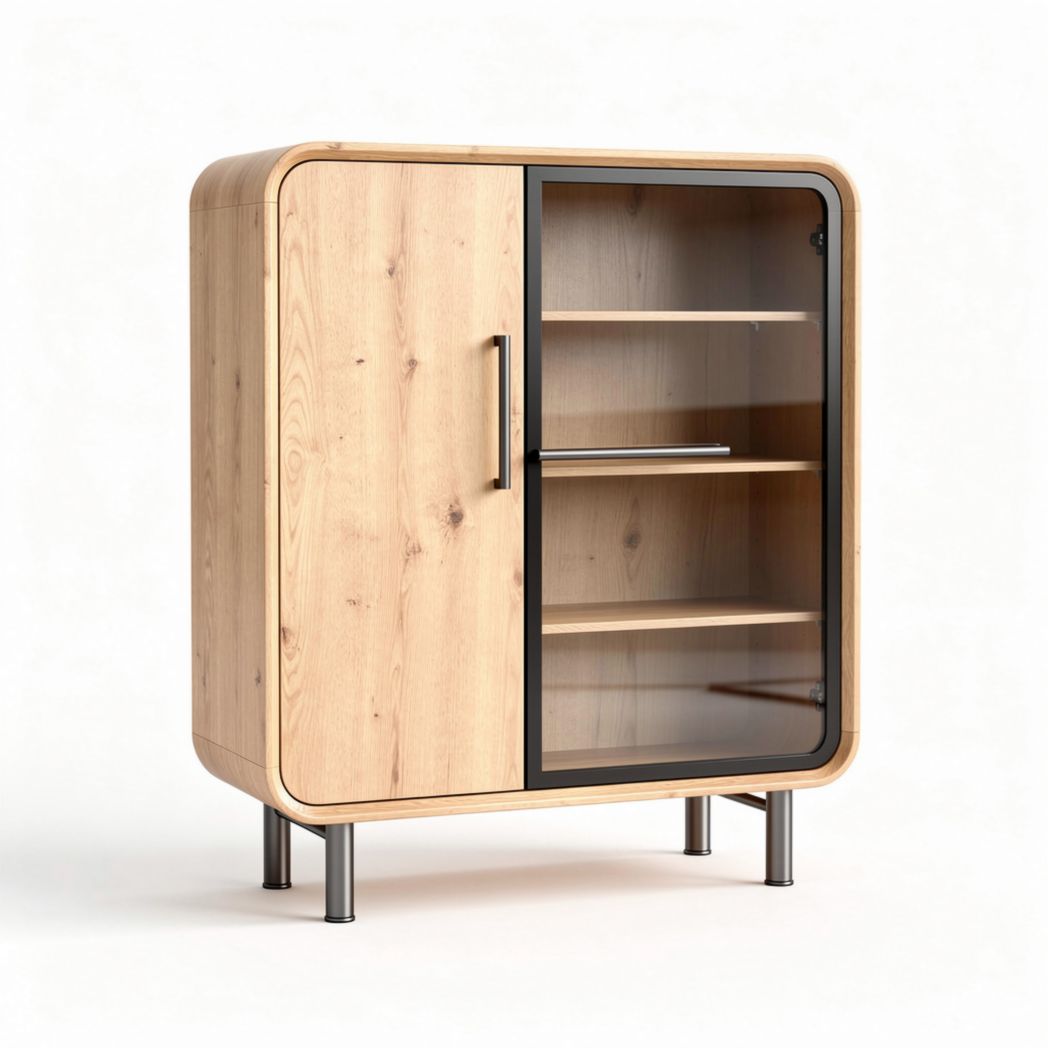 Buffet en bois clair avec porte en verre et étagères intérieures de dimensions 90 x 70 x 120cm
