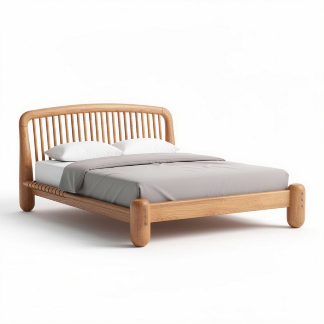 Lit en bois naturel avec structure en bouleau et linge de lit 200 x 160 x 40cm