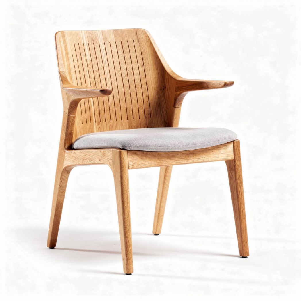Chaise en bois avec accoudoirs et coussin en tissu gris dimensions 45 x 50 x 75cm