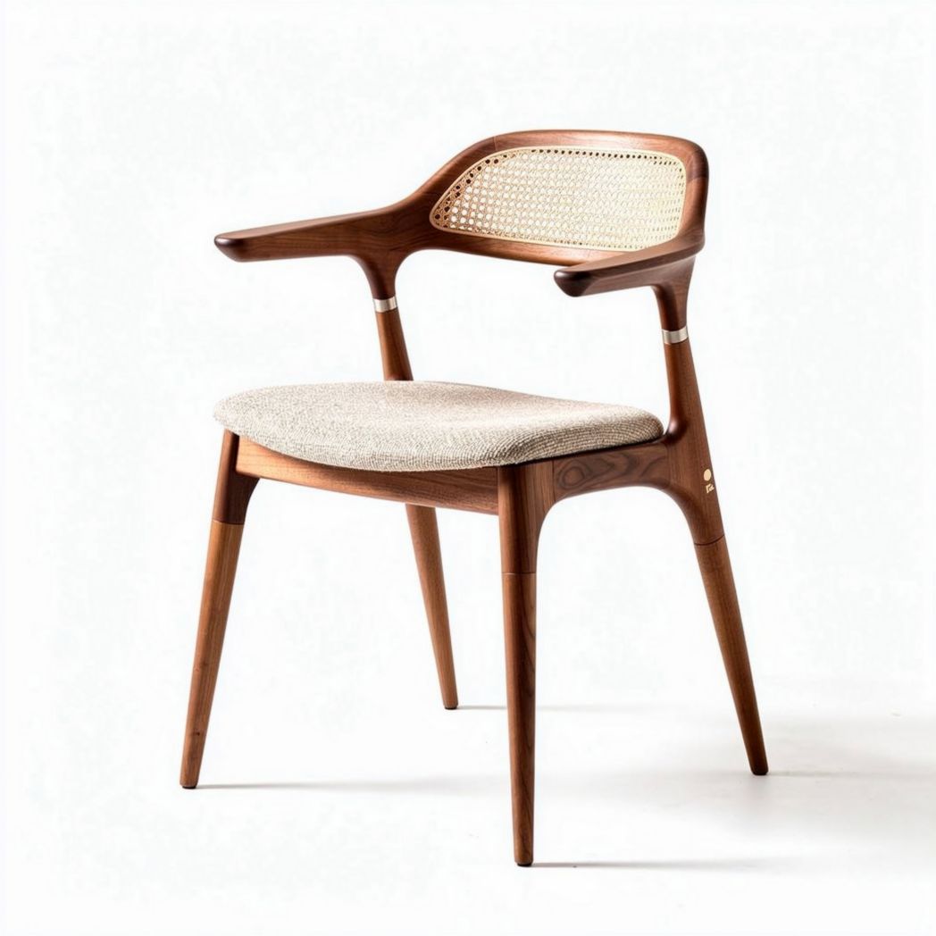 Chaise en bois avec assise en tissu beige et dossier en cannage 48 x 54 x 78cm